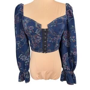 Urban Outfitters Women’s Medium Floral Denim Corset Coquette Crop Top